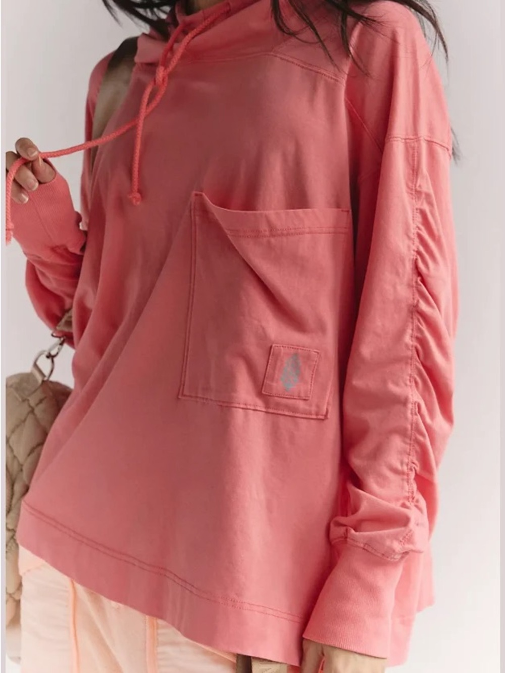 Free People Coral Pink Drawstring Pocket Pullover